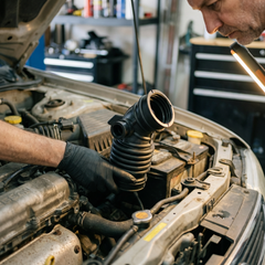 Mecánico con guantes sostiene Manguera Purificador Filtro de Aire Sentra B15 HULETEH junto a motor de coche.