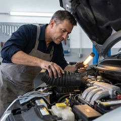 Mecánico con linterna en taller examina Manguera Purificador Filtro de Aire Voyager 3.3L 1996-2004 HULETEH.