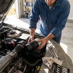 Mecánico instalando manguera purificador filtro de aire HULETEH en el motor de un coche. Herramientas en el capó abierto.
