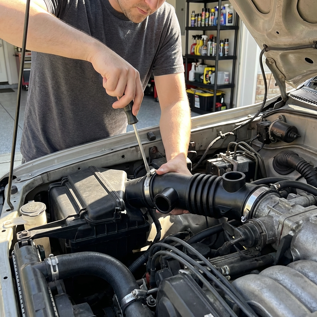 Hombre instala manguera de purificador de aire para Toyota Tacoma y 4Runner 95-04 3.4L en motor, ajustando abrazadera.