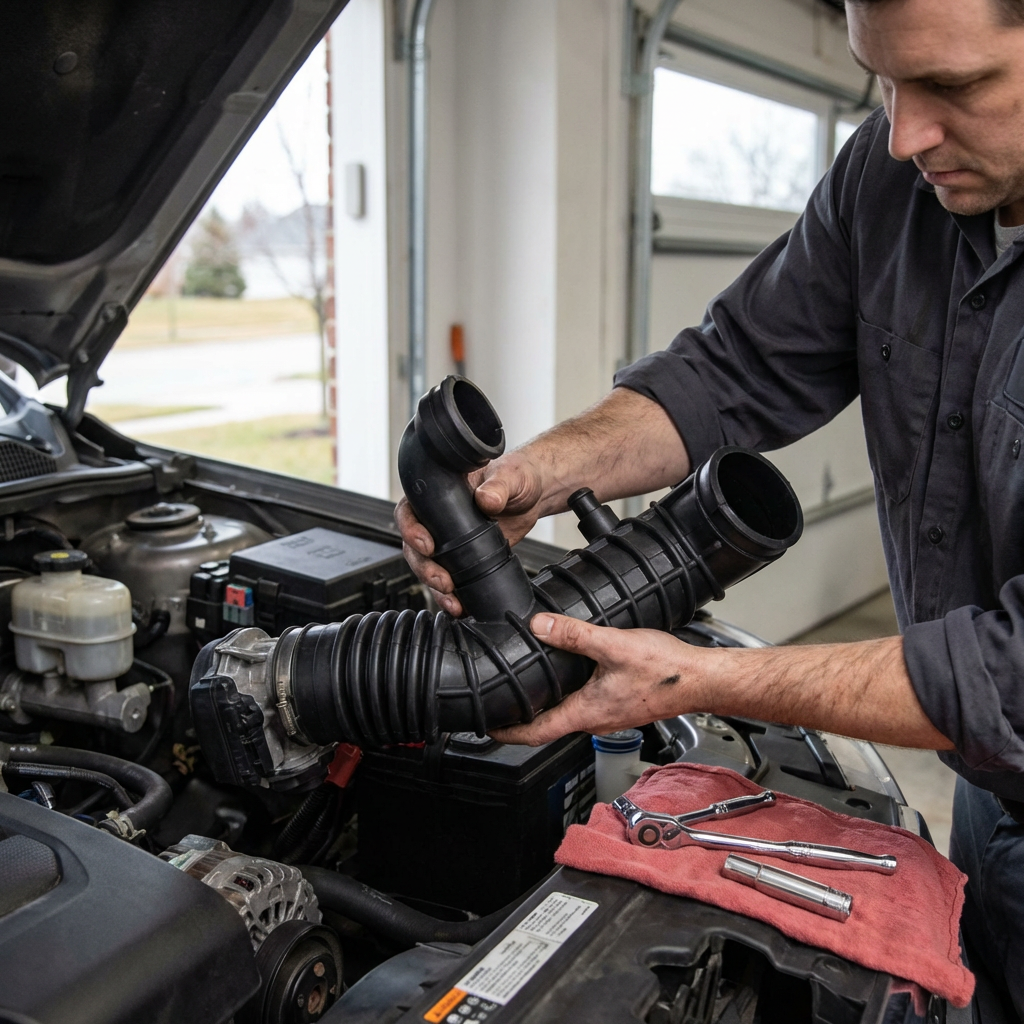 Hombre con Manguera de Filtro de Aire Tornado 1.8L 2011-2018 Huleteh Mx en manos, reparando el motor de un vehículo.