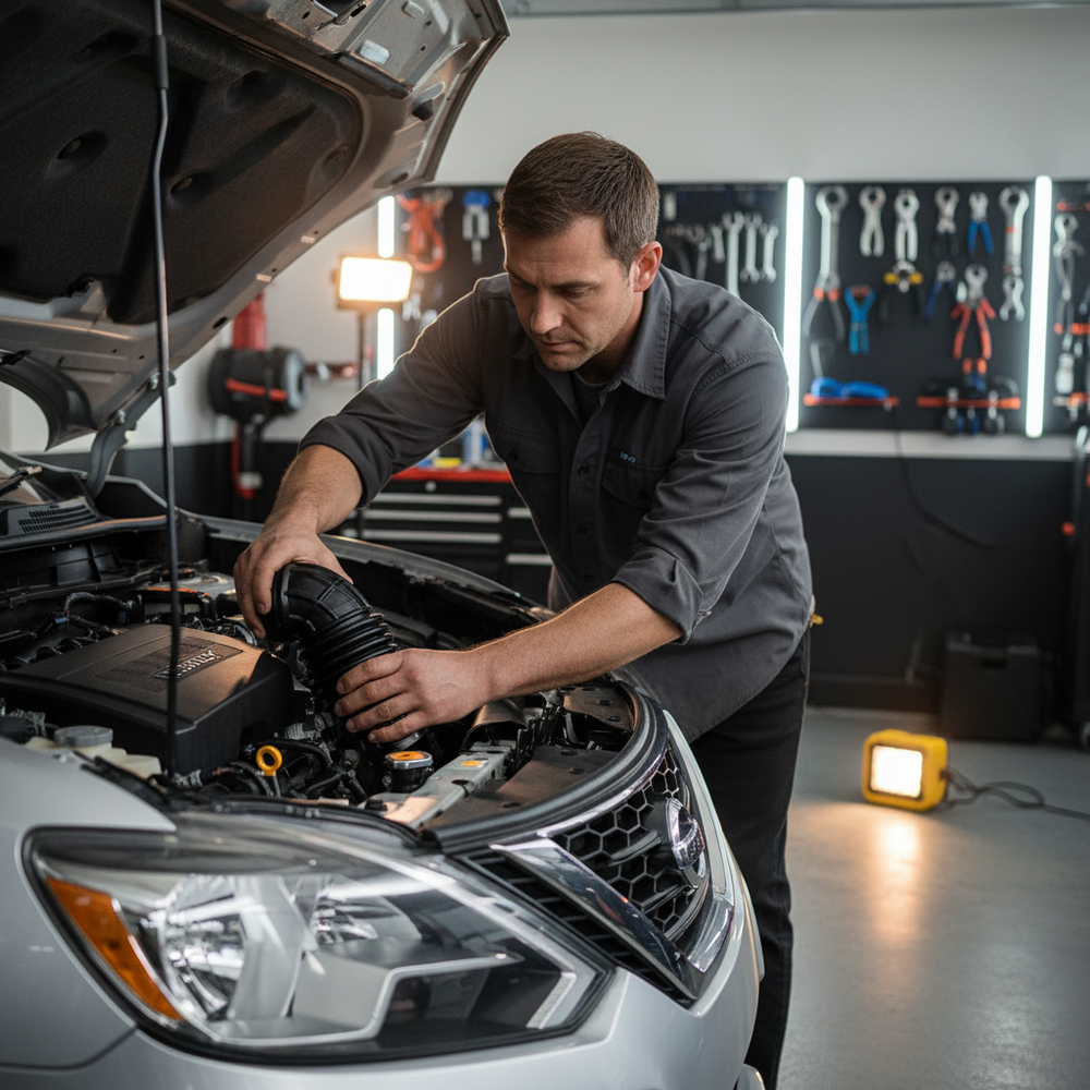 Técnico instalando manguera de purificador HULETEH en el motor de un Nissan Sentra B17 para mejorar la admisión.