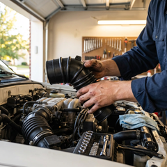 Mecánico instala una Manguera de Filtro de Aire Tacoma 2.4L (89-04) en el motor del vehículo en un garaje.
